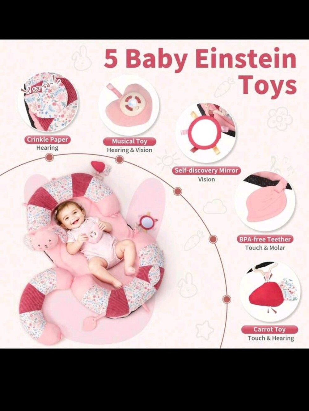 2 In1 Baby Play Mat, Tummy Time Mat, Baby Gym & Floor Seat With 5 Sensory Toys &